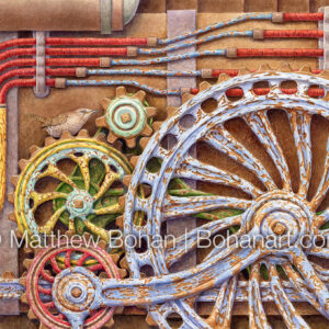 Northern House Wren on Gears (detail from 18×24-inch Transparent Watercolor on Arches 140lb HP Paper) Original Available. More info: https://blog.bohanart.com/2024/10/howr/